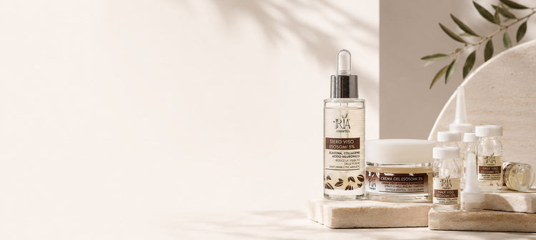 Linea Esosomi IRIA cosmetics con siero viso agli esosomi, crema gel antiage e fiale viso agli esosomi per ridurre le rughe, migliorare l'elasticità e uniformare l'incarnato